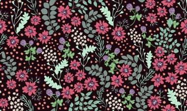 Küçük vahşi çiçeklerdeki kusursuz halk desenleri. Tekstil, duvar kağıdı, desen dolguları, kapaklar, yüzey, baskı, hatıra defteri, dekupaj için çiçek arkaplanı. Raster kopyası.