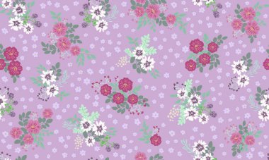 Küçük vahşi çiçeklerdeki kusursuz halk desenleri. Tekstil, duvar kağıdı, desen dolguları, kapaklar, yüzey, baskı, hatıra defteri, dekupaj için çiçek arkaplanı. Raster kopyası.