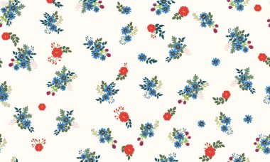 Küçük yabani çiçeklerdeki kusursuz halk desenleri. Taşra tarzı millefleurlar. Tekstil, duvar kağıdı, desen dolguları, kapaklar, yüzey, baskı, hediye paketi, kupür defteri, dekupaj için çiçek çayırı arka planı.