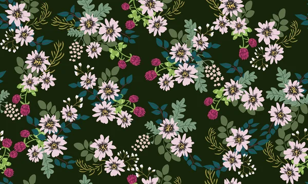 小さな野生の花でシームレスな民俗パターン テキスタイル パターンフィル カバー ギフトラップ スクラップブッキング デカッページのための花の背景 ラスターコピー — ストックベクタ
