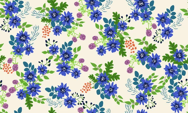Küçük Vahşi Çiçeklerdeki Kusursuz Halk Desenleri Tekstil Duvar Kağıdı Desen — Stok Vektör