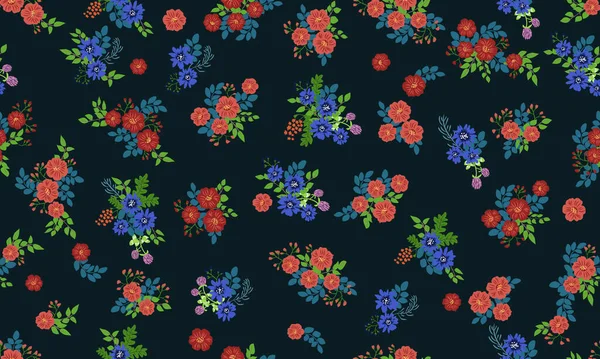 Płynny Wzorzec Ludowy Małych Dzikich Kwiatach Kwiatowe Tło Dla Tekstyliów — Wektor stockowy
