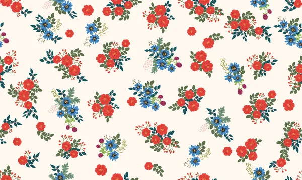 Küçük yabani çiçeklerdeki kusursuz halk desenleri. Taşra tarzı millefleurlar. Tekstil, duvar kağıdı, desen dolguları, kapaklar, yüzey, baskı, hediye paketi, kupür defteri, dekupaj için çiçek çayırı arka planı.