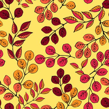 Sonbahar yapraklarının eko baskısı. Kül yapraklarında, huş ağacında, kusursuz çiçek deseni. Kumaş, kumaş tasarımı, kapaklar, imalat, duvar kağıtları, baskı, hediye paketi ve yapıştırma kitabı için basit bir arkaplan.