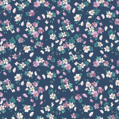 Karmaşık katmanlı çiçek desenli küçük dogroses çiçekleri. Moda Millefleur 'ları. Moda baskıları için zarif bir şablon.