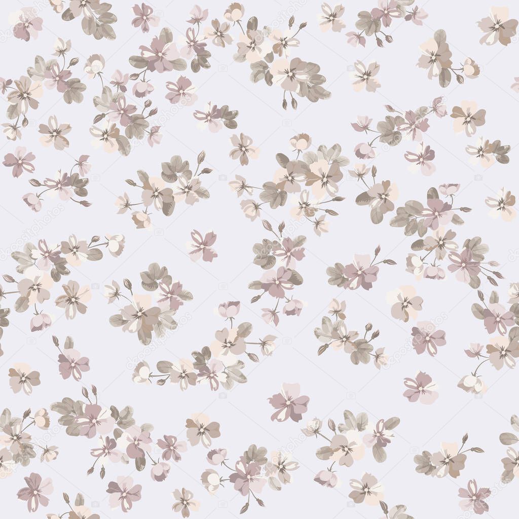 Complex multi-layered floral pattern in small flowers of dogroses. Trendy millefleurs. Elegant template for fashion prints.