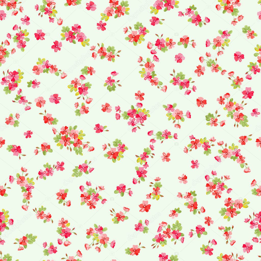 Complex multi-layered floral pattern in small flowers of dogroses. Trendy millefleurs. Elegant template for fashion prints.
