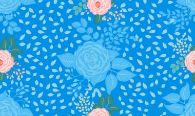 Antik güller ve dallardan oluşan küçük sevimli çiçeklerdeki pürüzsüz desen. Chabby şık millefleur 'lar. Tekstil, duvar kağıdı, kapaklar, yüzey, baskı, hediye paketi, hatıra defteri, dekupaj.