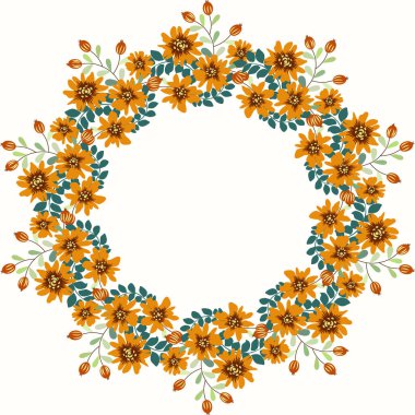 Şirin çiçek desenli yuvarlak çerçeve. Tebrik kartı şablonu. Poster, tişört, yastık, ev dekorasyonu için tasarım. Yaz yabani çiçekleri.