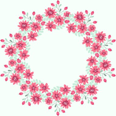 Şirin çiçek desenli yuvarlak çerçeve. Tebrik kartı şablonu. Poster, tişört, yastık, ev dekorasyonu için tasarım. Yaz yabani çiçekleri.