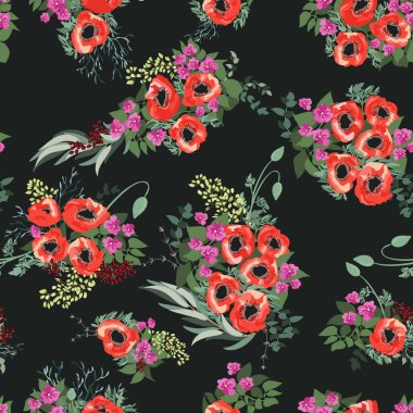 Küçük sevimli gelincik çiçeklerinde kusursuz desen. Özgürlük stili Millefleur 'lar. Pejmürde hatun. Tekstil, duvar kağıdı, kapaklar için çiçek arkaplanı, yüzey, baskı, paket, kupür defteri, dekupaj.