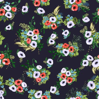 Küçük güzel çiçeklerle kusursuz bir sınır. Haşhaş buketleri. Özgürlük stili Millefleur 'lar. Tekstil, duvar kâğıdı, desen dolguları, kapaklar, yüzey, baskı, paket, hatıra defteri, dekupaj.