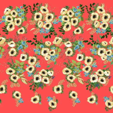 Küçük güzel çiçeklerle kusursuz bir sınır. Haşhaş buketleri. Özgürlük stili Millefleur 'lar. Tekstil, duvar kâğıdı, desen dolguları, kapaklar, yüzey, baskı, paket, hatıra defteri, dekupaj.