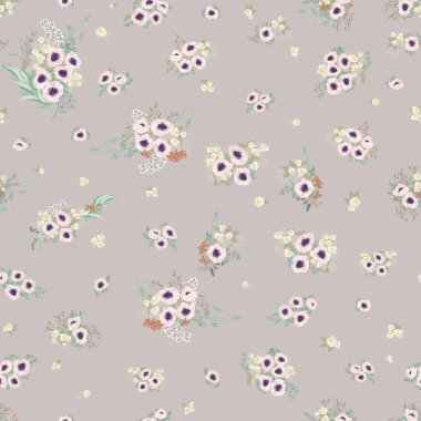 Küçük güzel çiçeklerle kusursuz bir sınır. Haşhaş buketleri. Özgürlük stili Millefleur 'lar. Tekstil, duvar kâğıdı, desen dolguları, kapaklar, yüzey, baskı, paket, hatıra defteri, dekupaj.