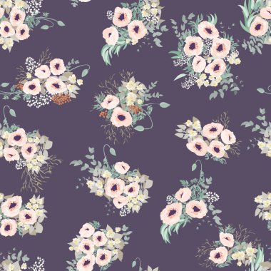 Küçük güzel çiçeklerle kusursuz bir sınır. Haşhaş buketleri. Özgürlük stili Millefleur 'lar. Tekstil, duvar kâğıdı, desen dolguları, kapaklar, yüzey, baskı, paket, hatıra defteri, dekupaj.