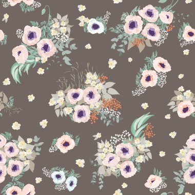 Küçük güzel çiçeklerle kusursuz bir sınır. Haşhaş buketleri. Özgürlük stili Millefleur 'lar. Tekstil, duvar kâğıdı, desen dolguları, kapaklar, yüzey, baskı, paket, hatıra defteri, dekupaj.