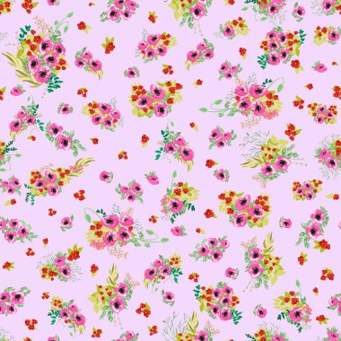 Küçük güzel çiçeklerle kusursuz bir sınır. Haşhaş buketleri. Özgürlük stili Millefleur 'lar. Tekstil, duvar kâğıdı, desen dolguları, kapaklar, yüzey, baskı, paket, hatıra defteri, dekupaj.