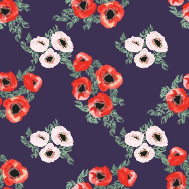 Küçük güzel çiçeklerdeki kusursuz desen. Haşhaş buketleri. Normal millefleur siparişi. Tekstil, duvar kâğıdı, desen dolguları, kapaklar, yüzey, baskı, paket, hatıra defteri, dekupaj.