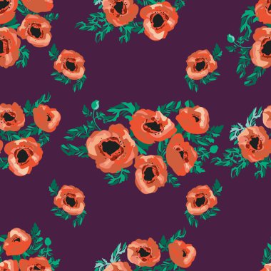 Küçük güzel çiçeklerdeki kusursuz desen. Haşhaş buketleri. Normal millefleur siparişi. Tekstil, duvar kâğıdı, desen dolguları, kapaklar, yüzey, baskı, paket, hatıra defteri, dekupaj.