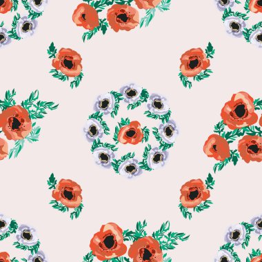 Küçük güzel çiçeklerdeki kusursuz desen. Haşhaş buketleri. Normal millefleur siparişi. Tekstil, duvar kâğıdı, desen dolguları, kapaklar, yüzey, baskı, paket, hatıra defteri, dekupaj.