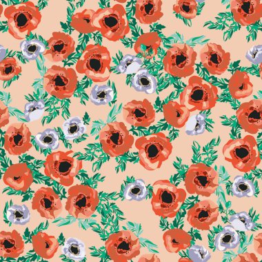 Küçük güzel çiçeklerdeki kusursuz desen. Haşhaş buketleri. Normal millefleur siparişi. Tekstil, duvar kâğıdı, desen dolguları, kapaklar, yüzey, baskı, paket, hatıra defteri, dekupaj.