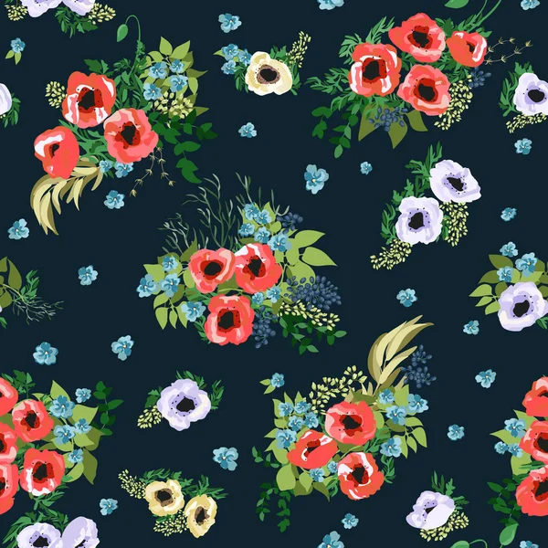 Bezešvé Okraje Malých Krásných Květinách Poppy Kytice Millefleurs Stylu Svobody — Stockový vektor