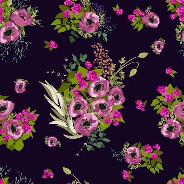 Bordure Sans Couture Petites Jolies Fleurs Des Bouquets Pavot Millefleurs — Image vectorielle