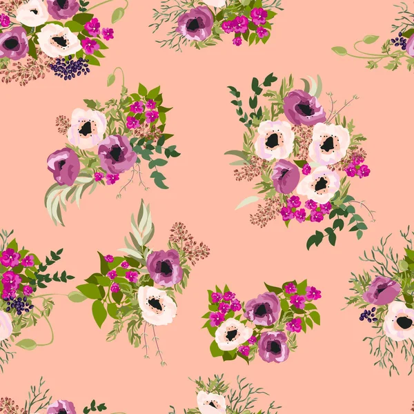 Borde Sin Costuras Pequeñas Flores Bonitas Ramos Amapola Millefleurs Estilo — Vector de stock