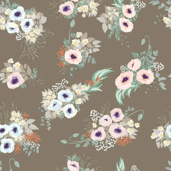 Naadloze Rand Kleine Mooie Bloemen Poppy Boeketten Liberty Stijl Millefleurs — Stockvector