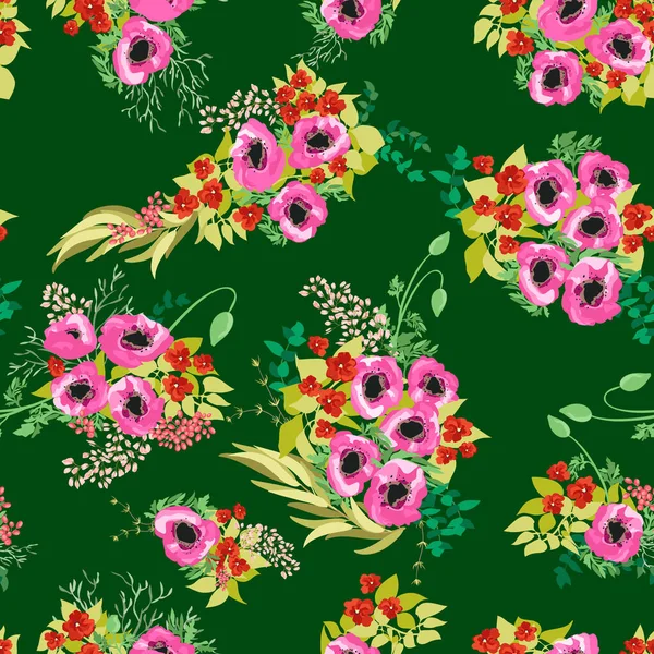 Nahtloser Rand Kleinen Hübschen Blumen Mohnsträuße Millefleurs Jugendstil Floraler Hintergrund — Stockvektor