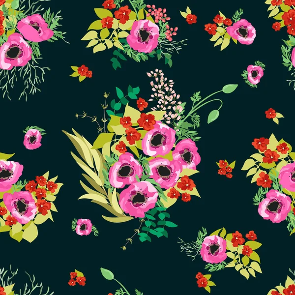 Bordure Sans Couture Petites Jolies Fleurs Des Bouquets Pavot Millefleurs — Image vectorielle