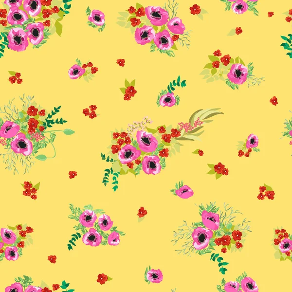 Küçük Güzel Çiçeklerle Kusursuz Bir Sınır Haşhaş Buketleri Özgürlük Stili — Stok Vektör