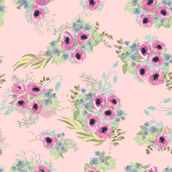 Nahtlos Zartes Muster Von Mohnblumen Sommerblumen Florale Diagonale Nahtlose Hintergrund — Stockvektor