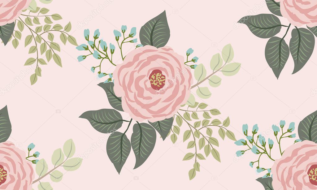 Seamless pattern in small cute flowers of antique roses and branches. Chabby chic millefleurs. Floral background for textile, wallpaper, covers, surface, print, gift wrap, scrapbooking, decoupage.