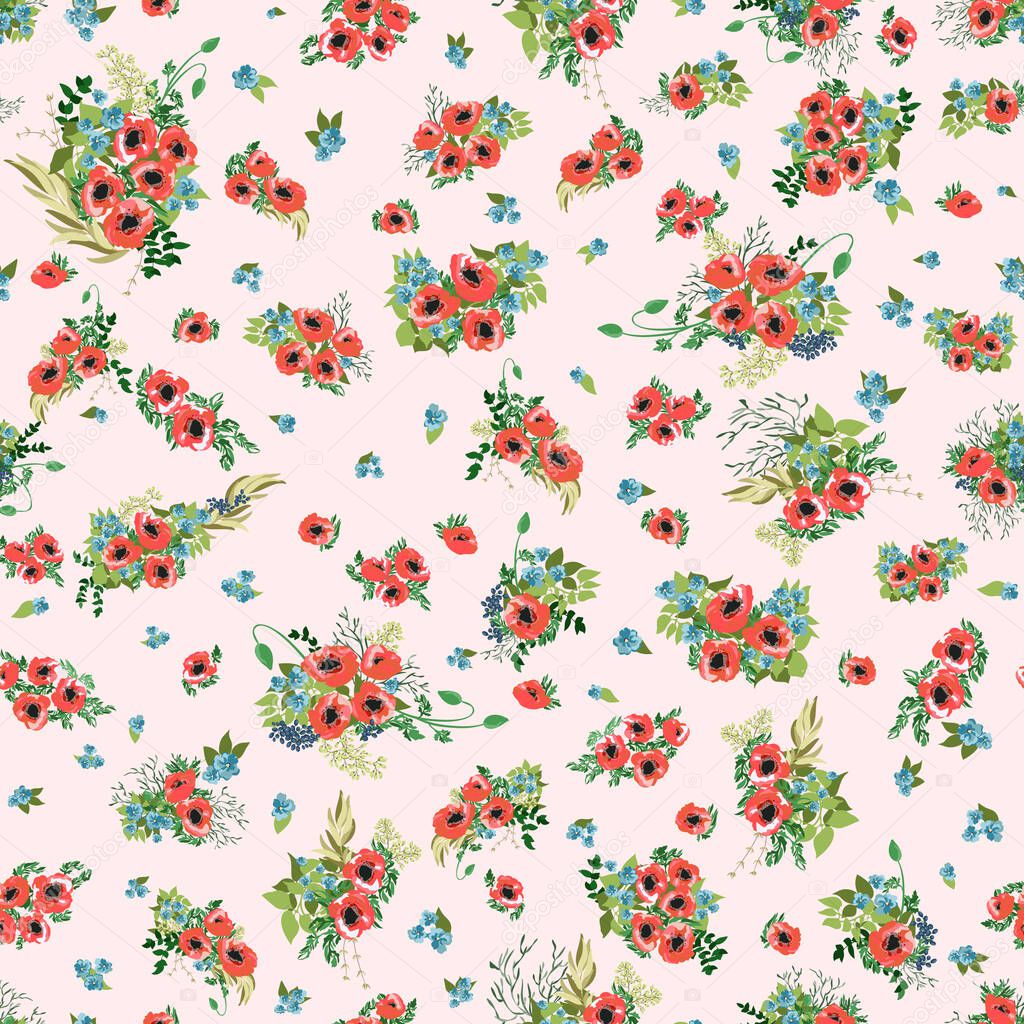 Seamless pattern in small cute flowers of poppy. Liberty style millefleurs. Shabby chic. Floral background for textile, wallpaper, covers, surface, print, wrap, scrapbooking, decoupage.