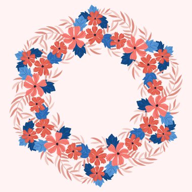 Şirin halk çiçeklerinin çiçekli yuvarlak çerçevesi. Vektör tebrik kartı şablonu. Poster, tişört, yastık, ev dekorasyonu için tasarım. Yaz yabani çiçekleri.