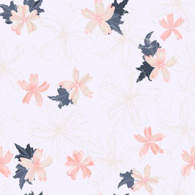 Mallow 'un küçük güzel çiçeklerinde kusursuz şirin desenler. Özgürlük tarzı. Tekstil veya kitap kapakları, imalat, duvar kağıtları, baskı, hediye paketi ve yapıştırma kitabı için çiçeksiz arka plan.