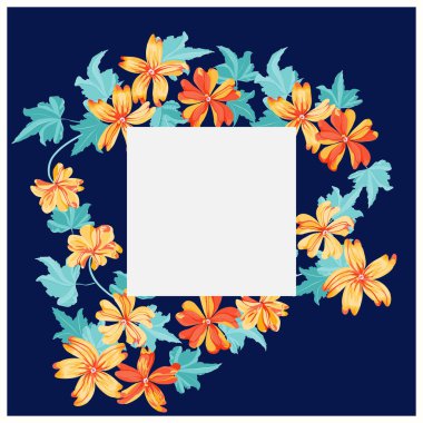 Yaban ördeği çiçekleri çerçevesi. Tebrik kartı, davetiye şablonu. Poster, davetiye, takvimler için tasarım. Metin için yer.