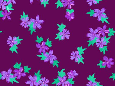  Küçük, mor, güzel çiçekli mallow deseni. Özgürlük tarzı. Tekstil veya kitap kapakları, imalat, duvar kağıtları, baskı, hediye paketi ve yapıştırma kitabı için çiçeksiz arka plan.