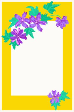 Yaban ördeği çiçekleri çerçevesi. Tebrik kartı, davetiye şablonu. Poster, davetiye, takvimler için tasarım. Metin için yer.