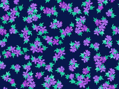  Küçük, mor, güzel çiçekli mallow deseni. Özgürlük tarzı. Tekstil veya kitap kapakları, imalat, duvar kağıtları, baskı, hediye paketi ve yapıştırma kitabı için çiçeksiz arka plan.