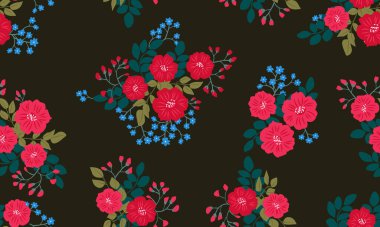 Antik halk çiçekleriyle kusursuz bitki desenleri. Pejmürde şık millefleurlar. Tekstil, duvar kağıdı, kapaklar için çiçek arkaplanı, yüzey, baskı, paket, kupür defteri, dekupaj