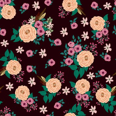 Antik halk çiçekleriyle kusursuz bitki desenleri. Pejmürde şık millefleurlar. Tekstil, duvar kağıdı, kapaklar için çiçek arkaplanı, yüzey, baskı, paket, kupür defteri, dekupaj