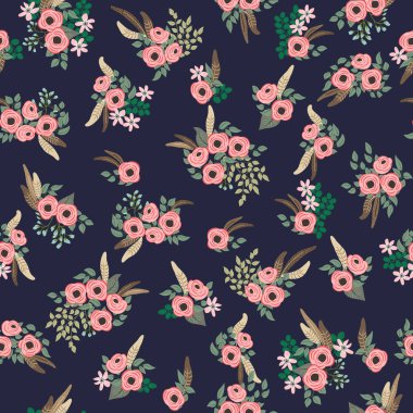 Antik halk çiçekleriyle kusursuz bitki desenleri. Pejmürde şık millefleurlar. Tekstil, duvar kağıdı, kapaklar için çiçek arkaplanı, yüzey, baskı, paket, kupür defteri, dekupaj