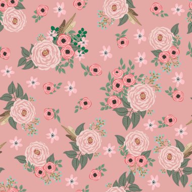 Antik halk çiçekleriyle kusursuz bitki desenleri. Pejmürde şık millefleurlar. Tekstil, duvar kağıdı, kapaklar için çiçek arkaplanı, yüzey, baskı, paket, kupür defteri, dekupaj