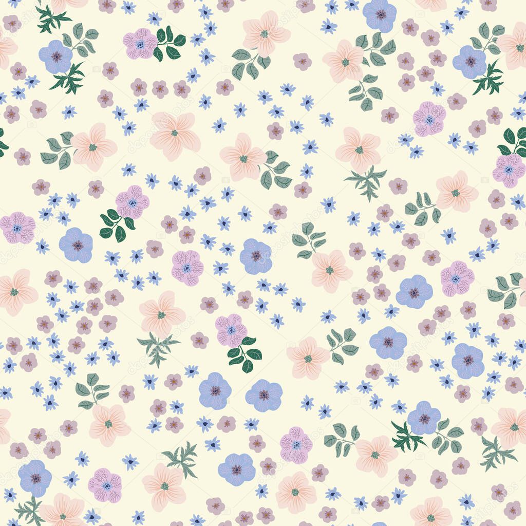 Vintage pattern in simple flowers of buttercup. Floral seamless background for romantic country wedding, textile, covers, manufacturing, wallpapers, print, gift wrap