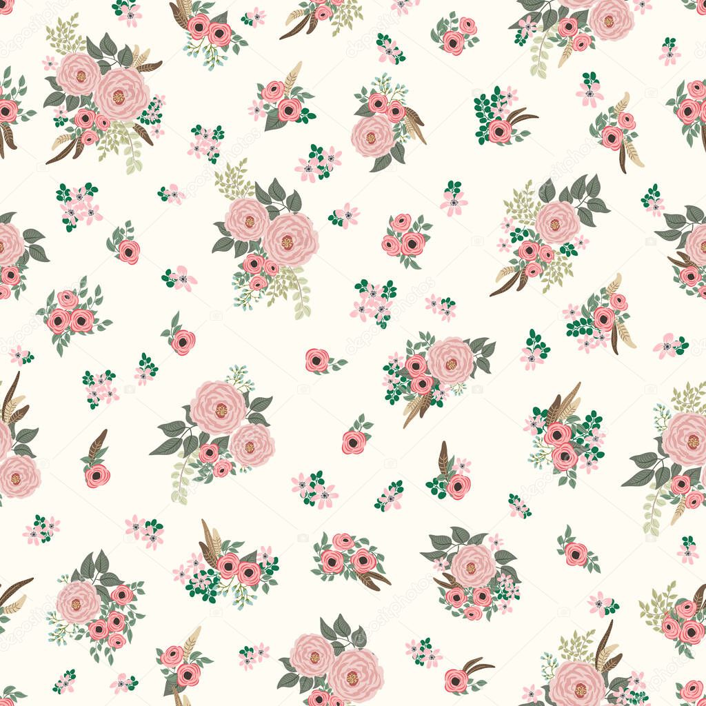 Seamless plants pattern with antique folk flowers. Shabby chic style millefleurs. Floral background for textile, wallpaper, covers, surface, print, wrap, scrapbooking, decoupage