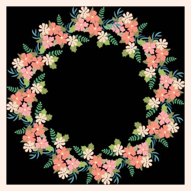 Şirin çiçeklerin çiçekli yuvarlak çerçevesi. Tebrik kartı şablonu. Poster, tişört, yastık, ev dekorasyonu için tasarım. Yaz yabani çiçekleri