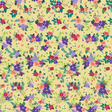 Antik halk çiçekleriyle kusursuz bitki desenleri. Pejmürde şık millefleurlar. Tekstil, duvar kağıdı, kapaklar için çiçek arkaplanı, yüzey, baskı, paket, kupür defteri, dekupaj