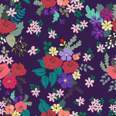 Antik halk çiçekleriyle kusursuz bitki desenleri. Pejmürde şık millefleurlar. Tekstil, duvar kağıdı, kapaklar için çiçek arkaplanı, yüzey, baskı, paket, kupür defteri, dekupaj